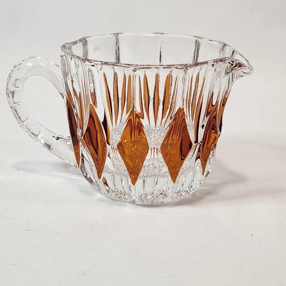 French‎ Cut Crystal Amber Diamonds Creamer Vintage